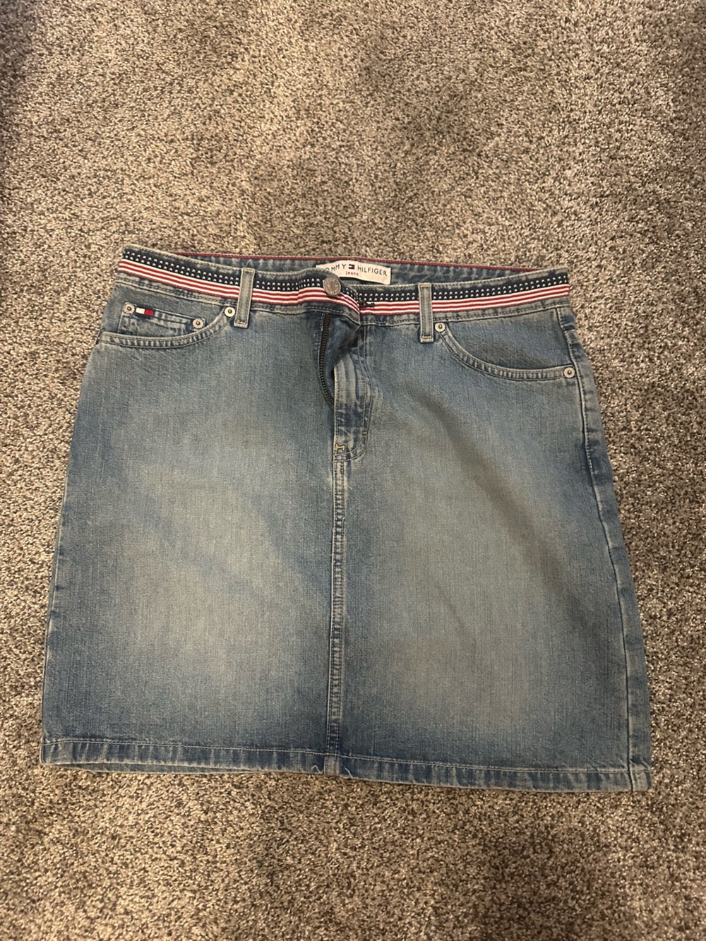 Tommy Hilfiger Light Blue Denim Mini Skirt with Flag-Trim Waistband
